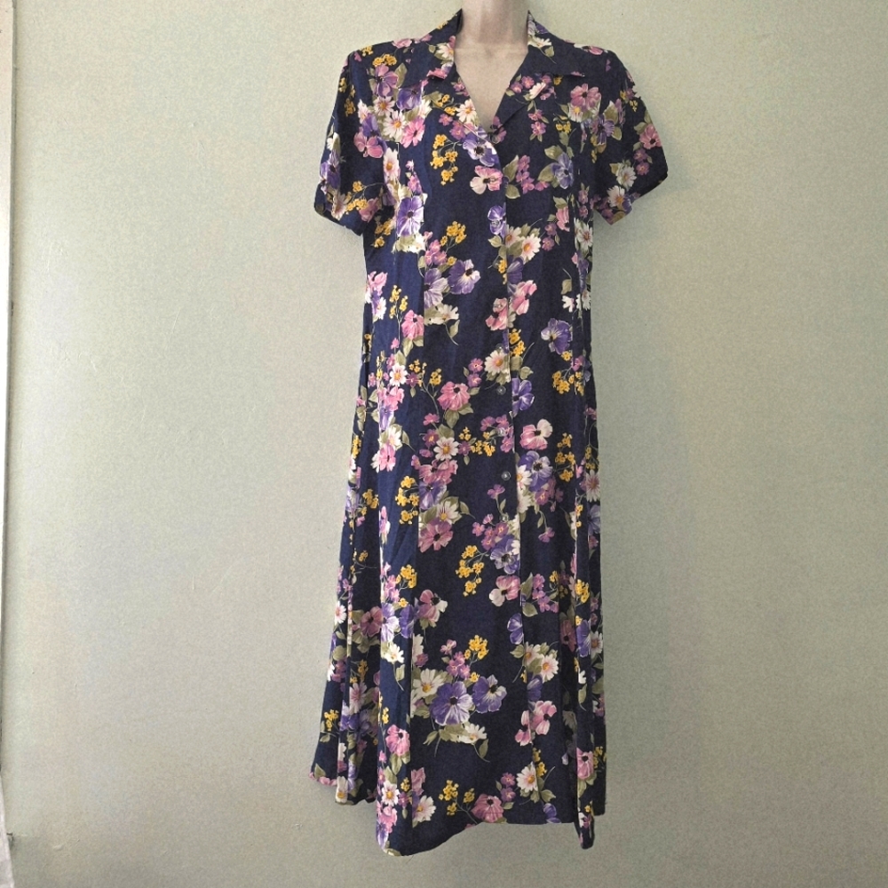 Vintage 90's  Erica Floral Print Women's Dress size L Blue, Pink, Yellow